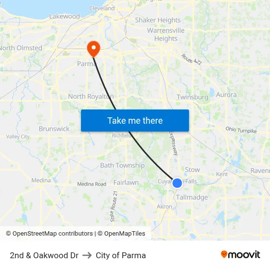 2nd & Oakwood Dr to City of Parma map