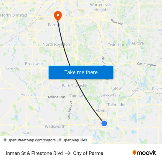Inman St & Firestone Blvd to City of Parma map