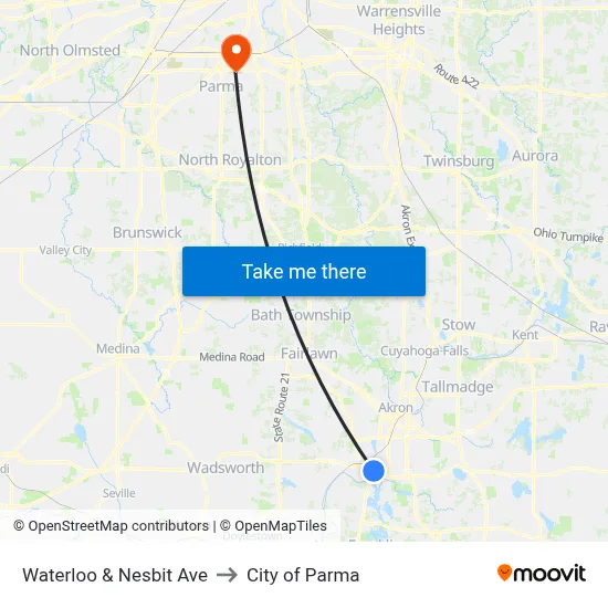 Waterloo & Nesbit Ave to City of Parma map