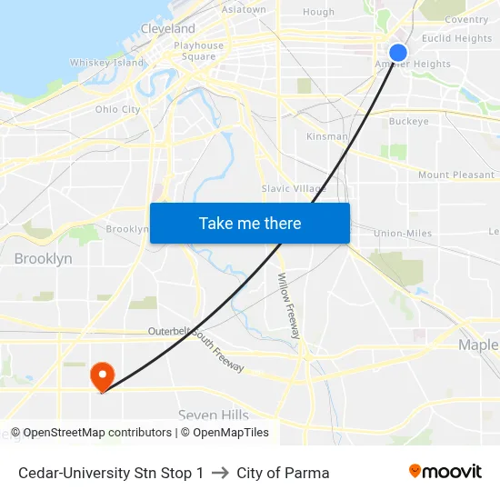 Cedar-University Stn Stop 1 to City of Parma map