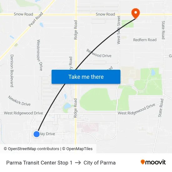 Parma Transit Center Stop 1 to City of Parma map