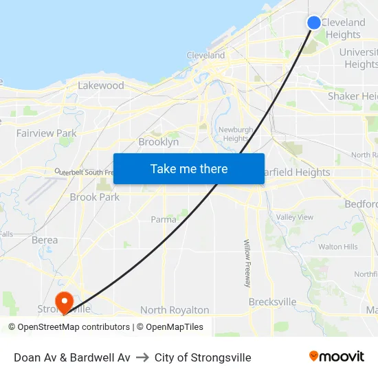 Doan Av & Bardwell Av to City of Strongsville map