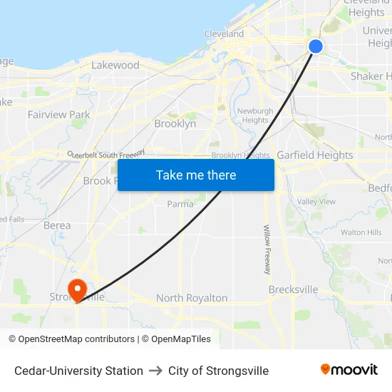 Cedar-University Station to City of Strongsville map