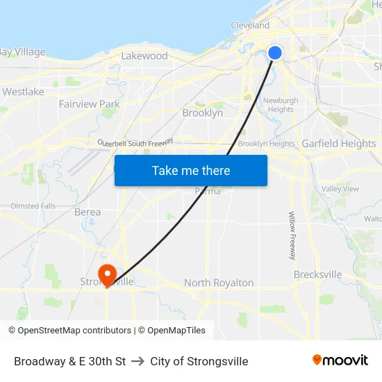 Broadway & E 30th St to City of Strongsville map