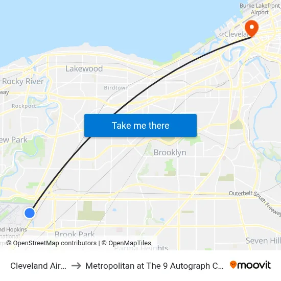 Cleveland Airport CLE to Metropolitan at The 9 Autograph Collection Cleveland map
