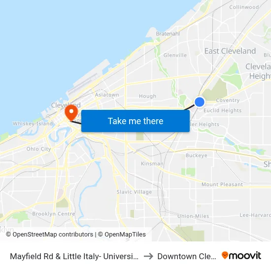 Mayfield Rd & Little Italy- University Circle Stn to Downtown Cleveland map