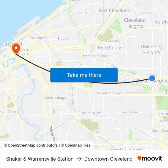 Shaker & Warrensville Station to Downtown Cleveland map