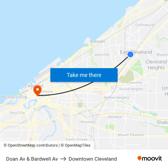 Doan Av & Bardwell Av to Downtown Cleveland map