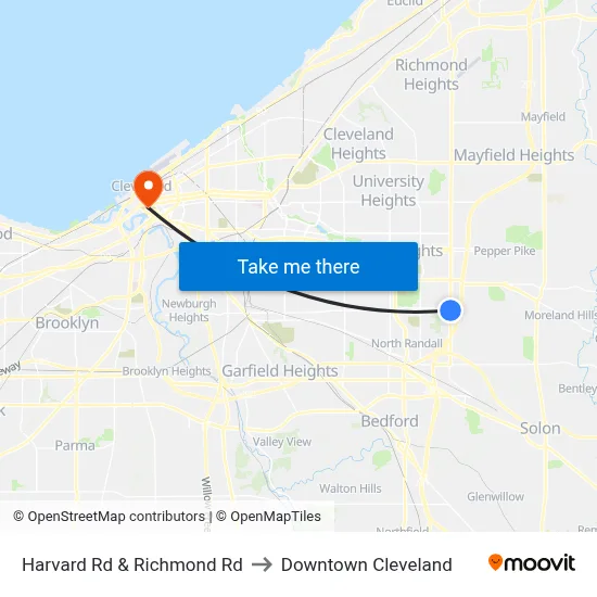 Harvard Rd & Richmond Rd to Downtown Cleveland map