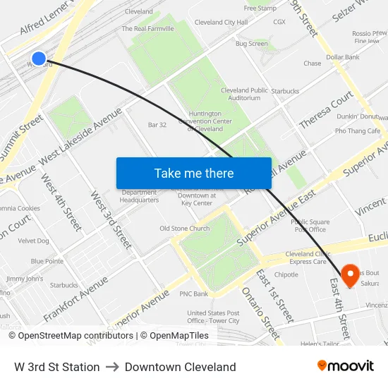 W 3rd St Station to Downtown Cleveland map