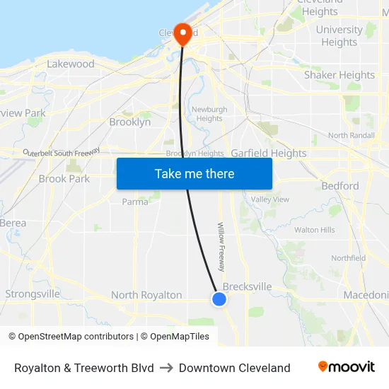 Royalton & Treeworth Blvd to Downtown Cleveland map