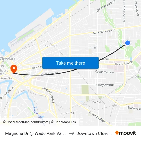 Magnolia Dr @ Wade Park Va Clinic to Downtown Cleveland map