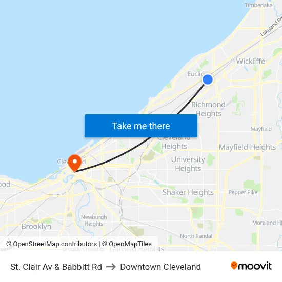 St. Clair Av & Babbitt Rd to Downtown Cleveland map