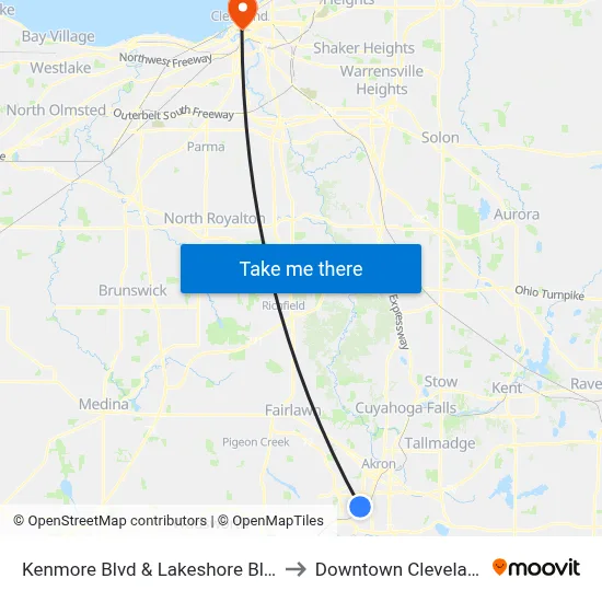 Kenmore Blvd & Lakeshore Blvd to Downtown Cleveland map