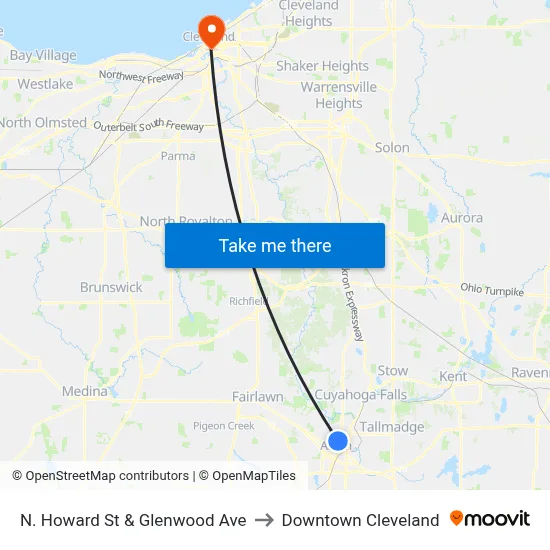 N. Howard St & Glenwood Ave to Downtown Cleveland map
