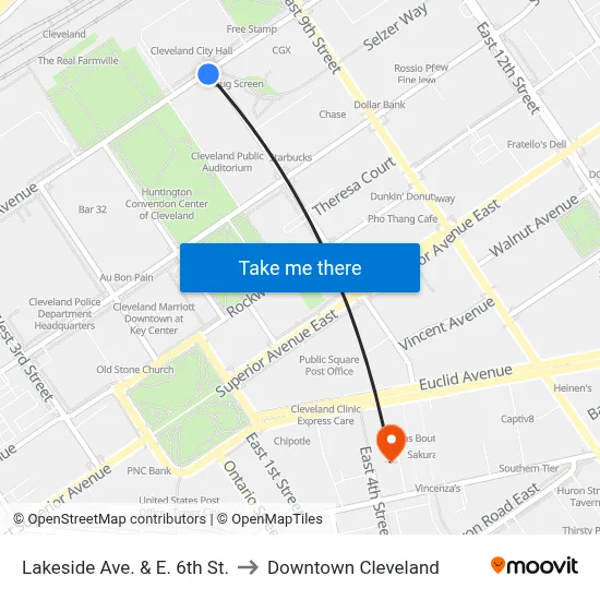 Lakeside Ave. & E. 6th St. to Downtown Cleveland map