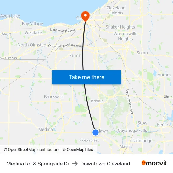 Medina Rd & Springside Dr to Downtown Cleveland map