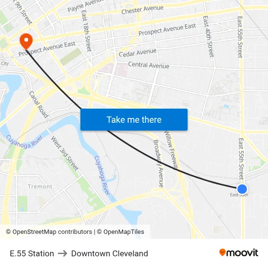 E.55 Station to Downtown Cleveland map