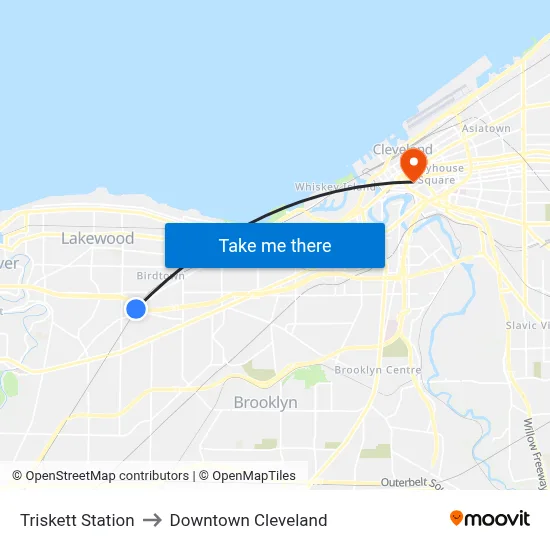 Triskett Station to Downtown Cleveland map
