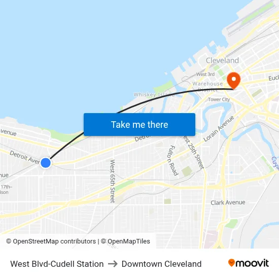West Blvd-Cudell Station to Downtown Cleveland map