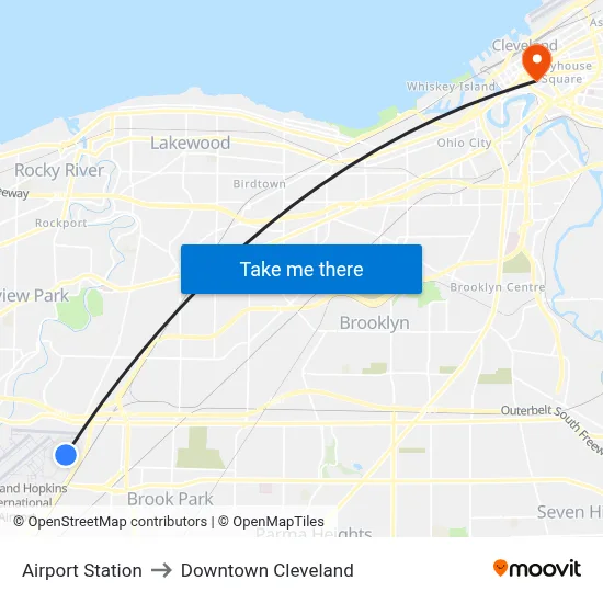 Airport Station to Downtown Cleveland map