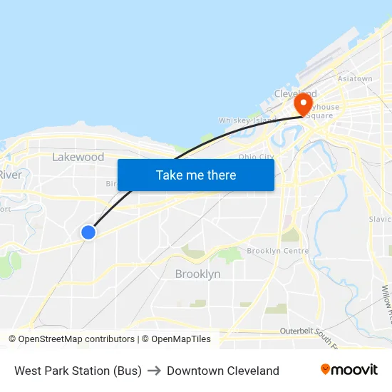 West Park Station (Bus) to Downtown Cleveland map