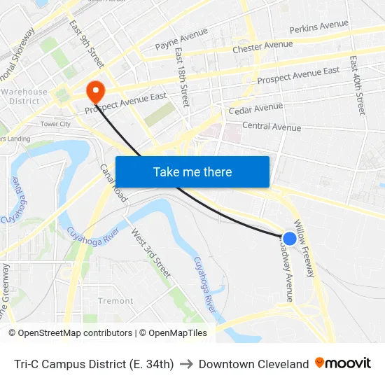 Tri-C Campus District (E. 34th) to Downtown Cleveland map