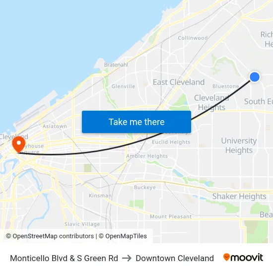 Monticello Blvd & S Green Rd to Downtown Cleveland map
