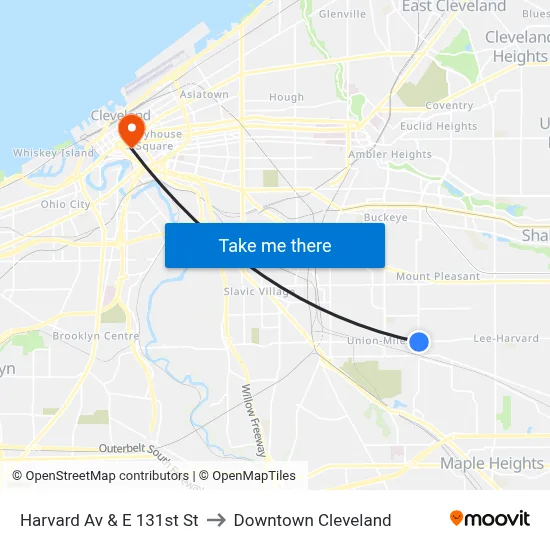 Harvard Av & E 131st St to Downtown Cleveland map