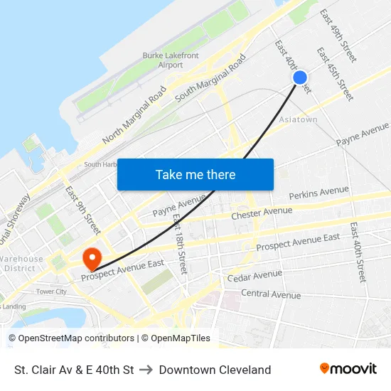 St. Clair Av & E 40th St to Downtown Cleveland map