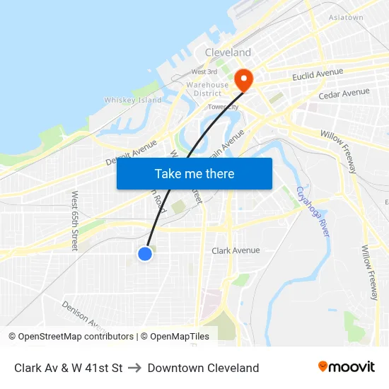 Clark Av & W 41st St to Downtown Cleveland map