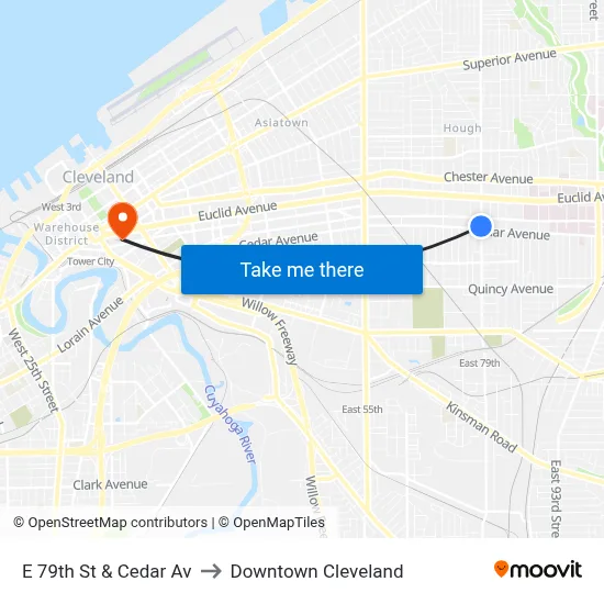 E 79th St & Cedar Av to Downtown Cleveland map