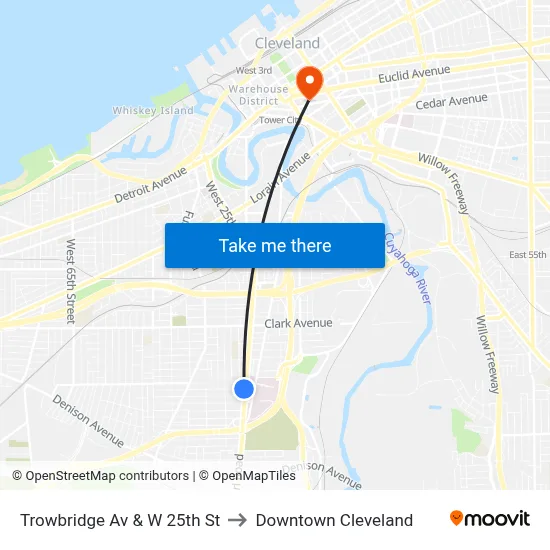 Trowbridge Av & W 25th St to Downtown Cleveland map