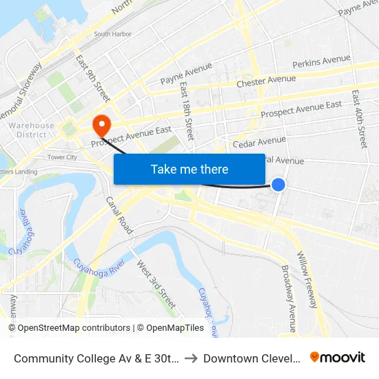 Community College Av & E 30th St to Downtown Cleveland map