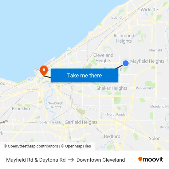 Mayfield Rd & Daytona Rd to Downtown Cleveland map