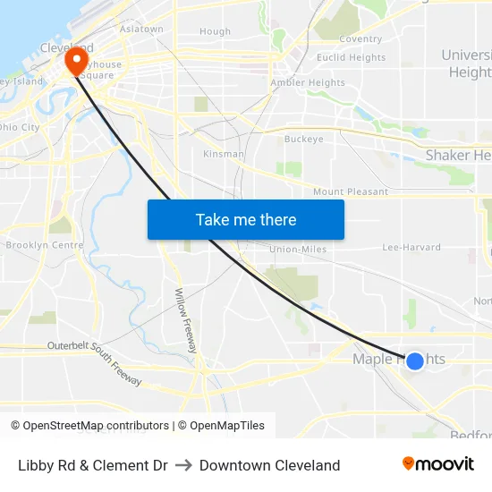 Libby Rd & Clement Dr to Downtown Cleveland map