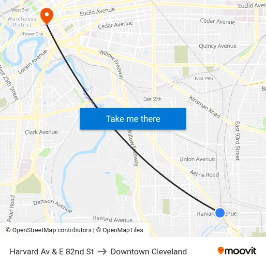 Harvard Av & E 82nd St to Downtown Cleveland map