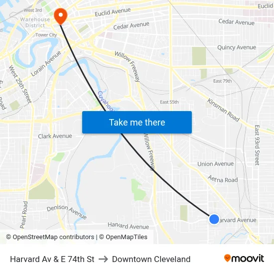 Harvard Av & E 74th St to Downtown Cleveland map