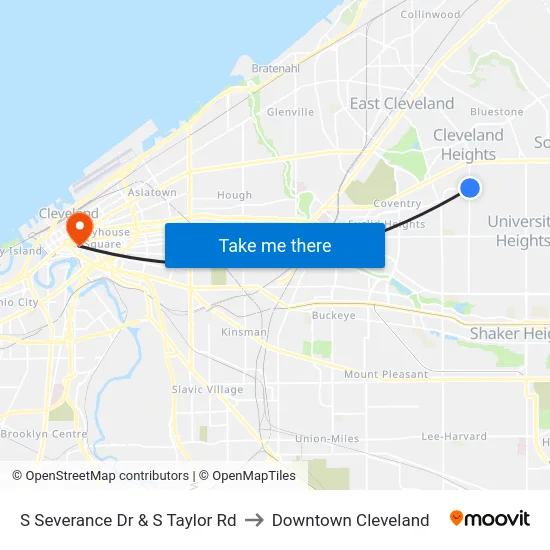 S Severance Dr & S Taylor Rd to Downtown Cleveland map