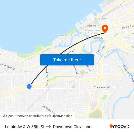 Lorain Av & W 85th St to Downtown Cleveland map