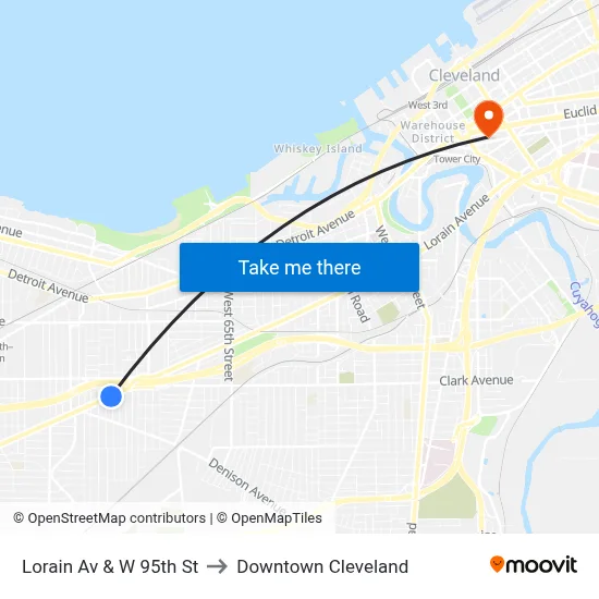 Lorain Av & W 95th St to Downtown Cleveland map