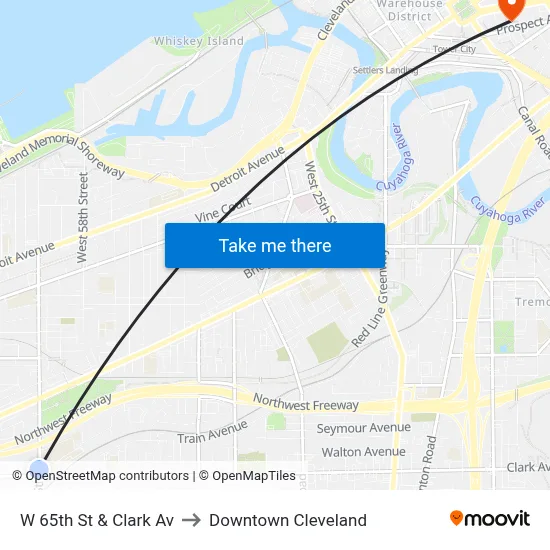 W 65th St & Clark Av to Downtown Cleveland map