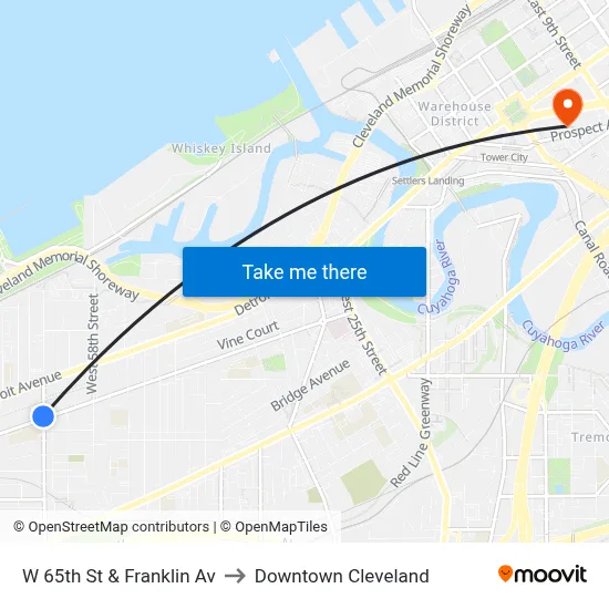 W 65th St & Franklin Av to Downtown Cleveland map
