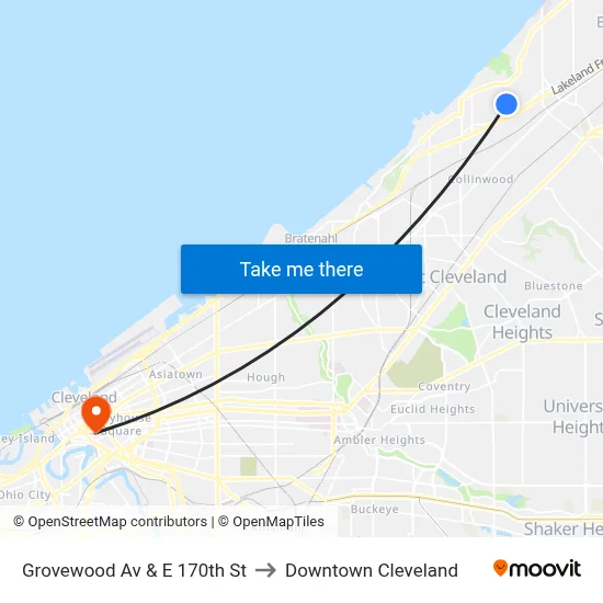 Grovewood Av & E 170th St to Downtown Cleveland map