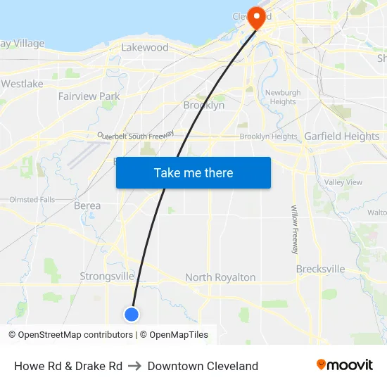 Howe Rd & Drake Rd to Downtown Cleveland map