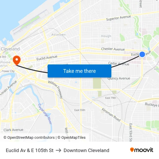 Euclid Av & E 105th St to Downtown Cleveland map