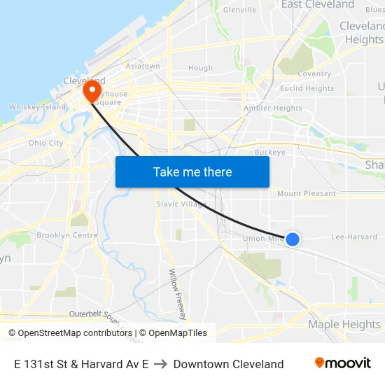 E 131st St & Harvard Av E to Downtown Cleveland map