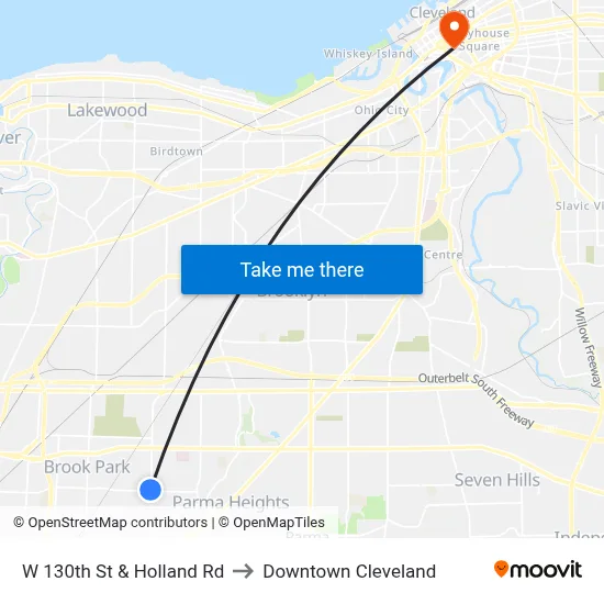 W 130th St & Holland Rd to Downtown Cleveland map