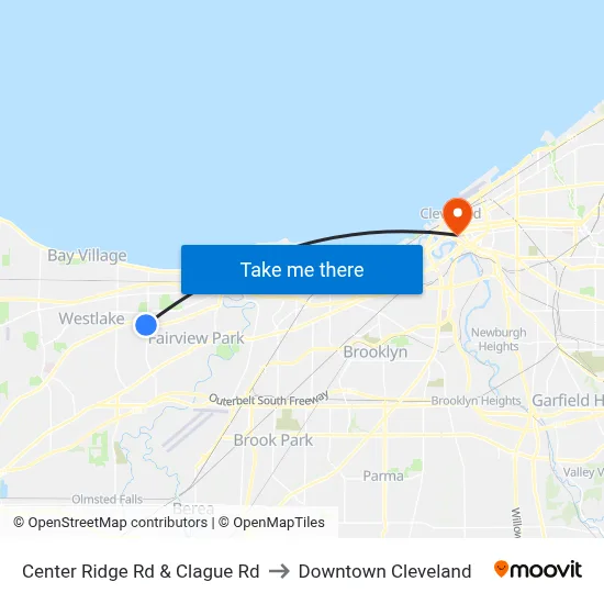 Center Ridge Rd & Clague Rd to Downtown Cleveland map