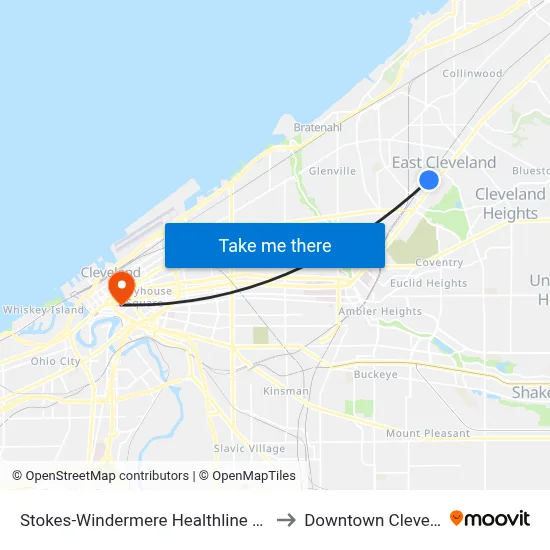 Stokes-Windermere Healthline Station to Downtown Cleveland map
